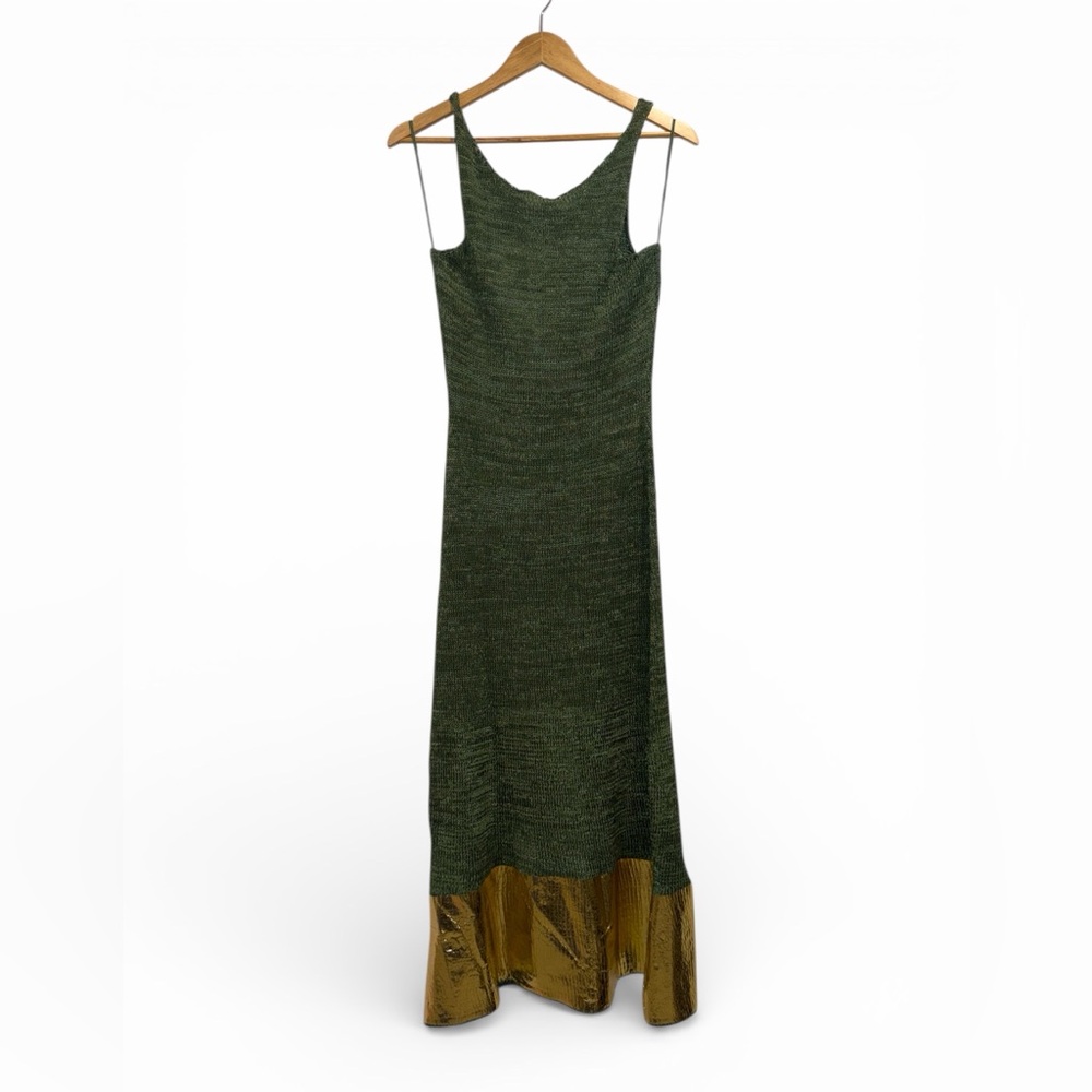JW Anderson Green Metallic Knit Maxi Dress Gold Foil Coated Medium Designer NWT - Picture 8 of 13